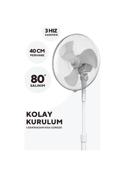 Kumtel KTF-290 Beyaz 16 İnç Ayaklı Vantilatör 40 W,3 Kanatlı, 3 Kademeli, 120 cm Ayarlanabilir Yükseklik