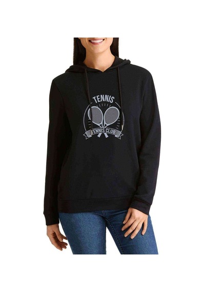 92076074 Tennis Spor Baskılı Siyah Kadın Kapşonlu Sweatshirt