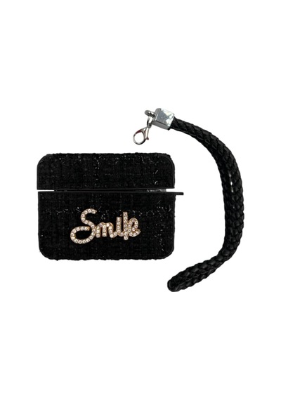 Airpods Pro/pro 2 İle Uyumlu Kumaş Dokulu Taş Detaylı Askılı Kılıf "smile", "goodluck" Ve Ayıcık Figürlü Şık Tasarımlar Smile Siyah