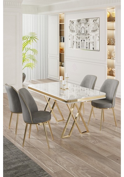 Canisa Vals Serisi 80x130 Lak Panel Beyaz Mermer Desen Masa Takımı Gold Ayaklı 4 Gri Sandalye Masa Beyaz Mermer Desen Sandalye Gri Canisa Vals Serisi 80x130 Lak Panel Beyaz Mermer Desen Masa Takımı Gold Ayaklı 4 Gri Sandalye Masa Beyaz Mermer Desen Sandalye Gri