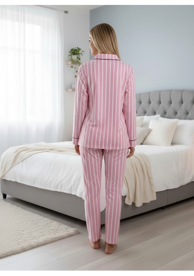 Kadın Desenli Boydan Düğmeli Pijama Takım Pembe
