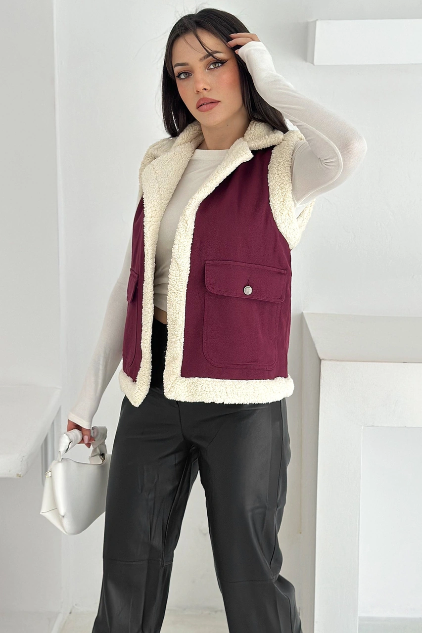 Noa & Noa Kadın Peluş Kenarlı Cepli Yelek Kontrastlı & Kışlık Stil Bordo