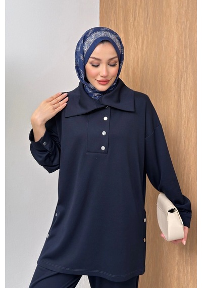 Mihran Butik Soho Elegance Yaka Detaylı Kadın Tesettür Alt Üst Takım Lacivert