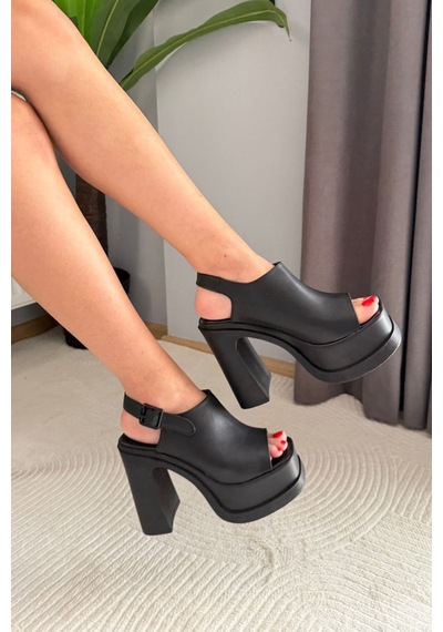 Preshley Kadın Pukka Siyah Önü Ve Arkası Acık 12 Cm Platform Topuklu Ayakkabı Siyah