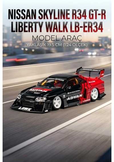 Hobbiez Lisanslı Nissan Skyline R-34 Model Diecast Car 1/24 Ölçek Metal Standlı Araç