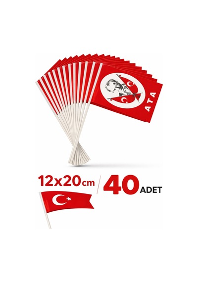 Çubuklu Kağıt Türk Bayrağı 40 Lı Set 12x20 Cm 23 Nisan, Okul Etkinliği, Tören Ve Kutlamalar İçin Tek Ebat