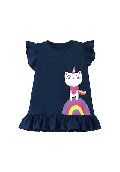 Lacivert Pembe Unicorn Kedi Fırfırlı Kız Çocuk Yazlık T-shirt Tayt Takım