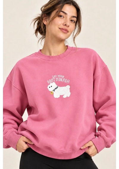 Bbbutikbasic Kadın Kuzu Nakışlı Bisiklet Yaka 3 İplik Sweatshirt My3535 Pembe