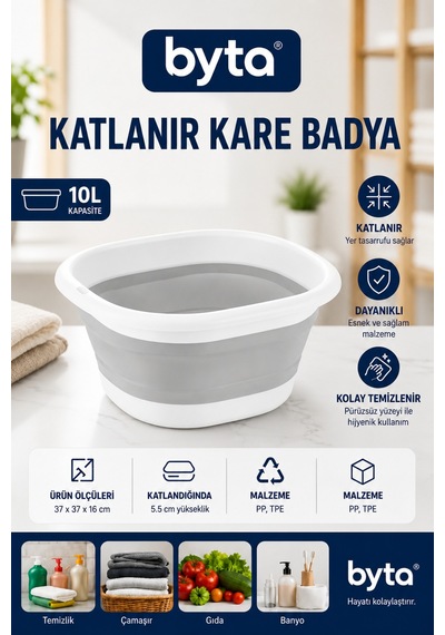 Katlanır Kare Banyo Ve Çok Amaçlı Yıkama Leğeni 10 L Gri-beyaz Sebze Meyve, Çamaşır Ve Bulaşık İçin Gri