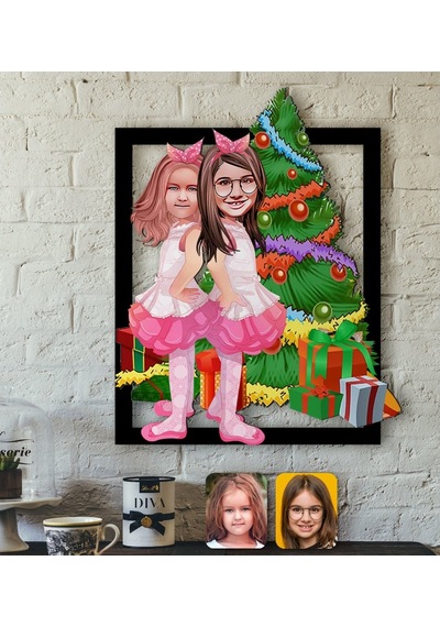 Kişiye Özel Yeni Yıl Kız Kardeşler Karikatürlü 3D Ahşap Tablo-1 (462902100)