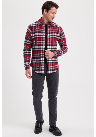 Tudors Erkek Slim Fit Dar Kesim Kareli Kışlık Oduncu Gömlek-42340 Kırmızı