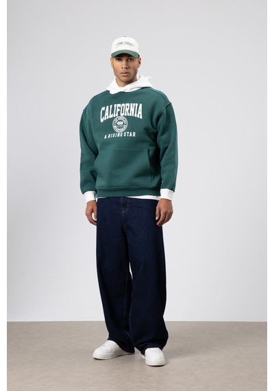 Vamos Çift Renk Baskılı Oversize Sweatshirt Nefti Yeşil