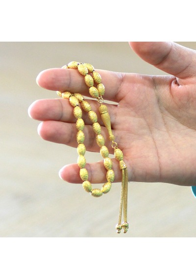 Üçlü Kamçı Püsküllü Greek Tasarım Arpa Kesim Gold Renk 925 Ayar Gümüş Tesbih Sarı
