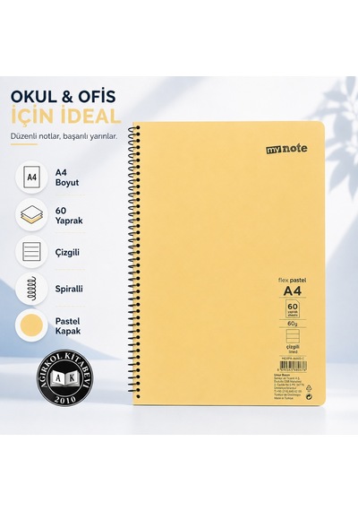 My Note Flex Pastel A4 60 Yaprak 60 Gr Spiralli Çizgili Defter Sarı