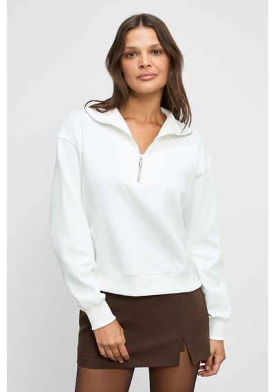 Grimelange Endora Kadın Yumuşak Polarlı Kumaşlı Yakası Fermuarlı Regular Ekru Sweatshirt Ekru