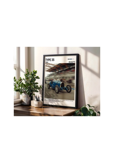 Bugatti Type 35 Ahşap Çerçeveli Poster Tablo Tarihi Yarış Aracı Siyah