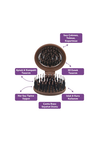 Beauty Makaron Extension Saç Fırçası - Kaynak Saçlara Özel, 3d Esnek, Aynalı, Çanta Boy Espresso