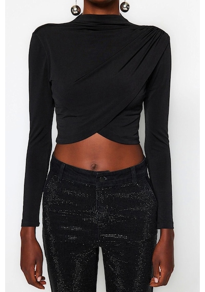 Ersefa Moda Dik Yaka Örme Slim Düz Desen Şık Gece Crop Uzun Kol Bluz Siyah