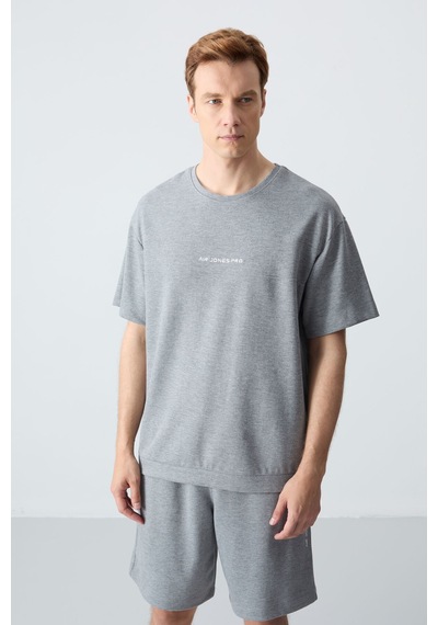 Tommy Life Gri Melanj Pamuklu Kalın Yumuşak Dokulu Oversize Fit Basic Erkek Şort Takım - 85257 GRİ MELANJ