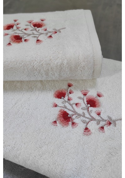 2'li Set Banyo Havlusu - Bambu & Nakışlı Banyo Havlu Seti-lisette Krem