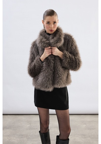 Sateen Geniş Yakalı Simli Kürk - Füme-136719 Füme