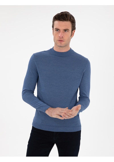 Cacharel Koyu Mavi Slim Fit Yün Karışımlı Çeyrek Balıkçı Yaka Basic Triko Kazak