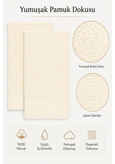 2'li Büyük Boy Banyo Havlusu 90x150 Cm %100 Pamuk Siena Collection 650 Gr Krem