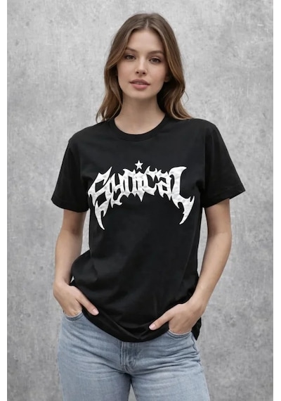 De'charme Bisiklet Yaka Ön Baskılı Kısa Kollu Tişört Streetwear Günlük Basic Pamuklu T-shirt - Siyah