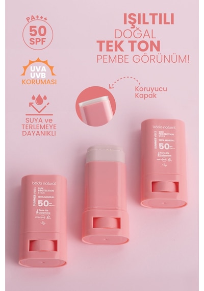 Bade Natural Ton Eşitleyici ve Yüksek Koruyucu Pembe Stick Güneş Kremi SPF50 16 G