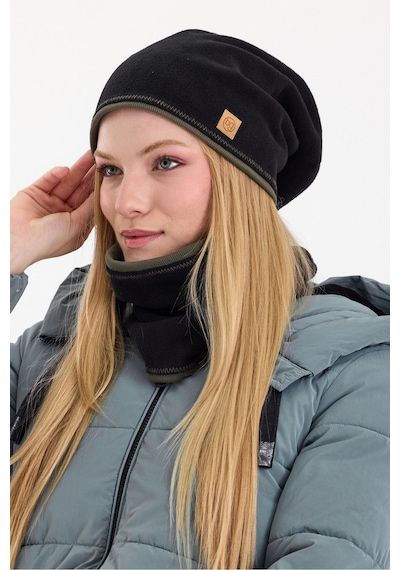 Butikgiz Kadın Dış Kısım Polar, İç Kısım Kaşkorse Pamuklu, Çift Renk, Çift Kat, Katlanabilir Bere Boyunluk Set Siyah-haki