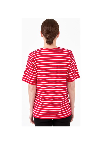 Kadın Sıfır Yaka Çizgi Önü Taşlı Penye T-shirt Kırmızı Kirmizi