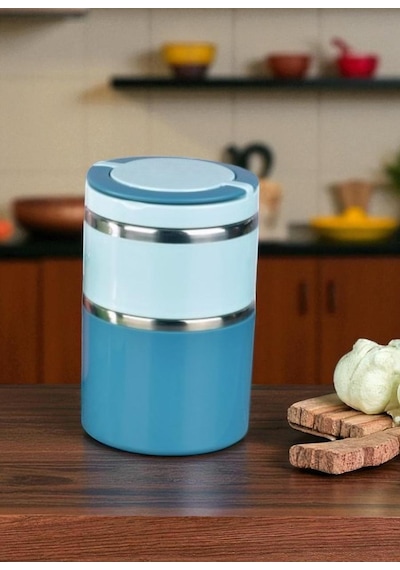 Tohana Kulplu Çelik Sefer Tası - Yemek Termosu Saklama Kabı 2 Katlı Mavi 930 Ml. Mavi