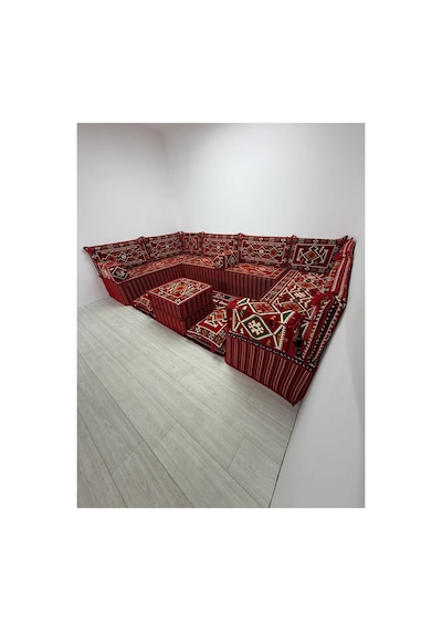 Kırmızı Anadolu Modeli U Şark Köşesi Seti 40 Cm Ultra Süngerli Çökmeyen Yer Minderli