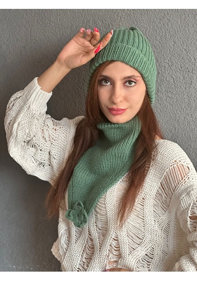 Gönülden Tasarım El Örgüsü Yumuşak Kadın Bere Boyunluk Set Haki