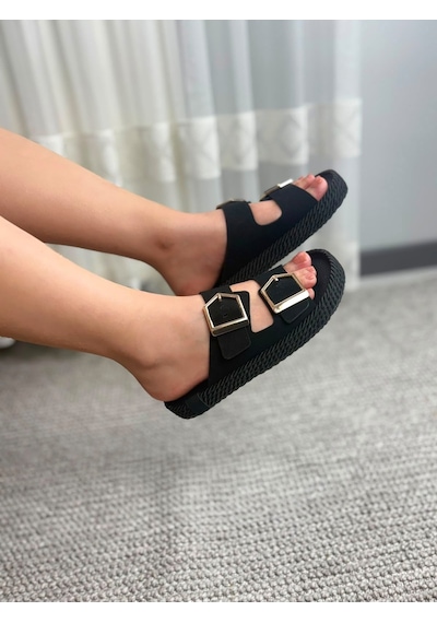 Asmi Shoes Kadın Eleni Siyah Süet Çift Tokalı Rahat Taban Terlik