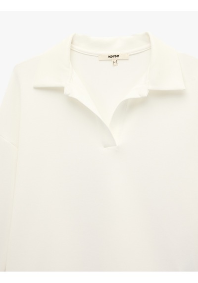 Koton Uzun Kollu Polo V Yaka Dantelli Etek Ucu Detaylı Sweatshirt Beyaz 6sak10170ek Beyaz