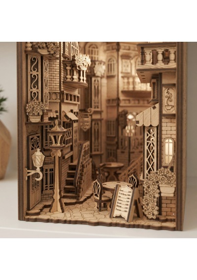 European Alley Book Nook Ahşap Maket Seti Avrupa Sokağı Peri Led'li Kitaplık Dekoru