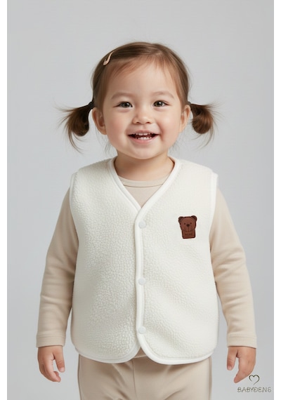 Babyden's Welsoft Kız Bebek Çocuk Çıtçıtlı Yelek Yumuşak Dokulu,ayıcık Armalı,peluş Bebek Yeleği Ekru