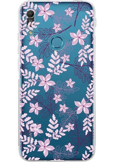 Huawei Y6 Pro 2019 Kamera Korumalı Kapak Floral Pudra Tasarımlı Şeffaf Kılıf