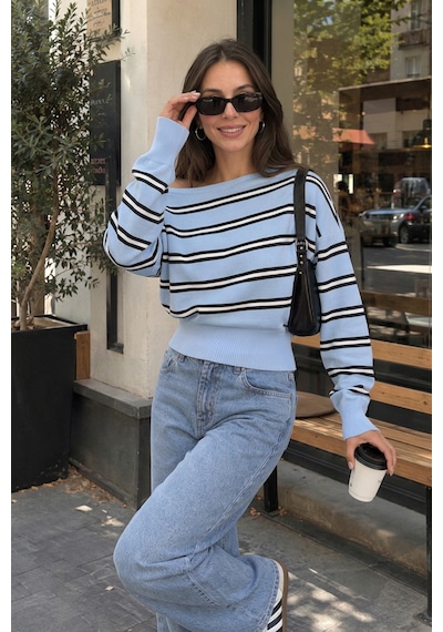 Sayzen Your Shine Trend Kayıkçı Yaka Çizgili Kadın Triko Kazak Bebe Mavi