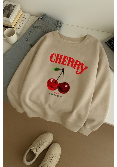 Uyguntarz Unisex Happycherry Tasarım Basklı Sweatshirt Bej
