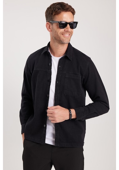 Tudors Regular Fit Rahat Kesim Cepli Denim Düğmeli Yaka Siyah Kot Gömlek-34849 Siyah