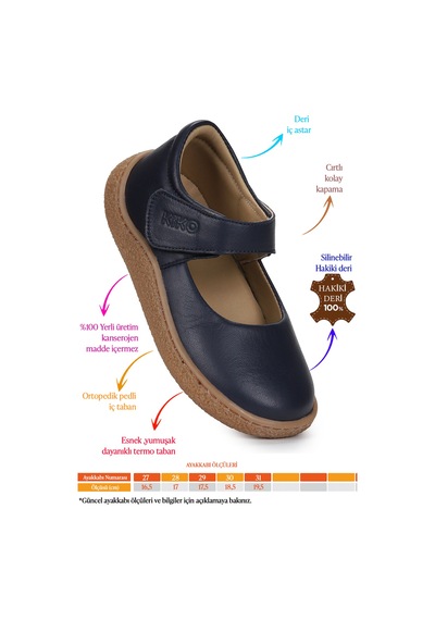 Kiko Kids Lida %100 Deri Günlük Kız Çocuk Babet Ayakkabı Lacivert Lacivert