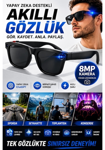 Yapay Zeka Çevirili 8mp Kameralı Akıllı Gözlük Birinci Şahıs Görüşü Ve Hızlı Şarjlı