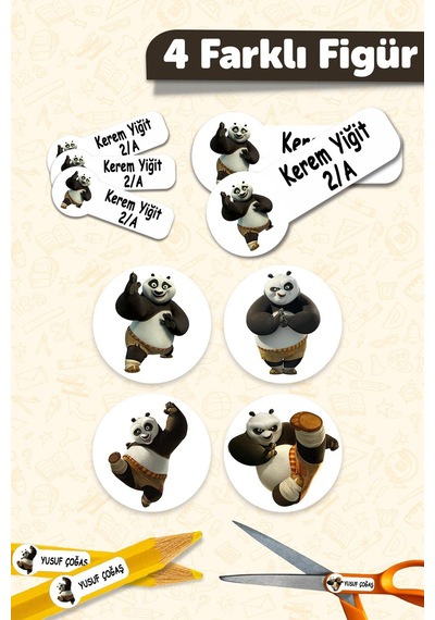 Okul Etiketi Kalem Defter İsimli Etiket Isim Yazılabilen Kungfu Panda - 190 Adet Özel Yeni Tasarım