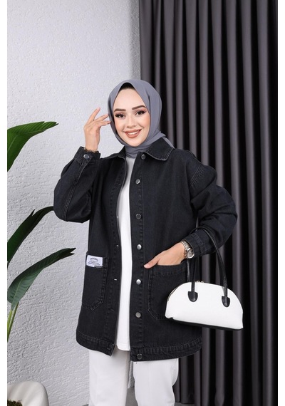 Harman Butik Kadın Cepli Düğmeli Kot Ceket Siyah Siyah