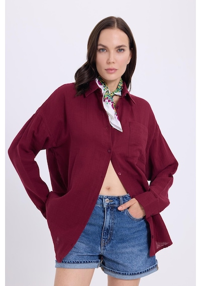 Tudors Kadın Oversize Geniş Kesim %100 Pamuk Müslin Kumaş Uzun Kollu Cepli Dokulu Bordo Gömlek-36982 Bordo