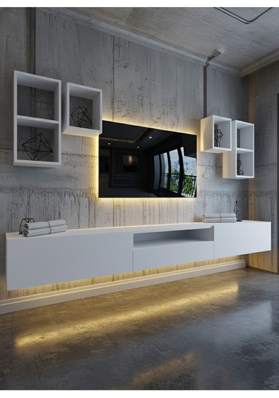 Resital Duvara Monte Ledli 270 Cm Tv Ünitesi Duvar Raflı - Ll6031 Beyaz