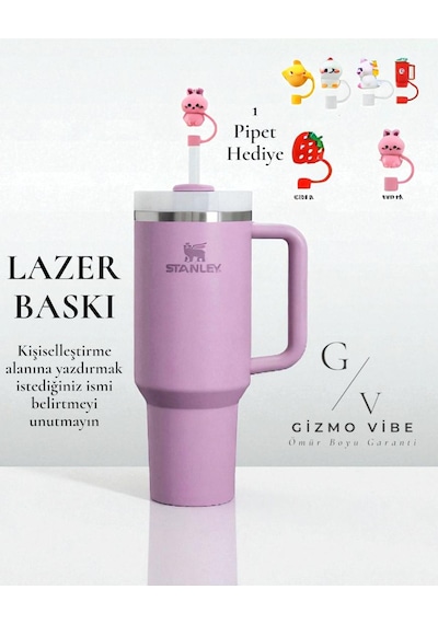 Stanley Kişiselleştirilebilir Quencher Pipetli Paslanmaz Çelik Vakum Yalıtımlı Termos Bardak 1.18 L Özel İsimli Lila