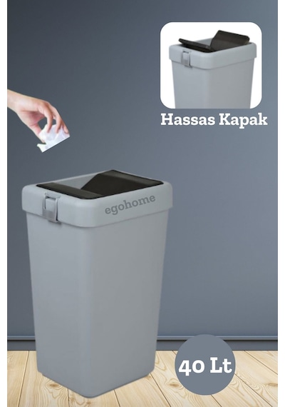 Motek Gri 40 Lt Çöp Kovası Hassas Kapaklı Çöp Kutusu Pratik Kapak